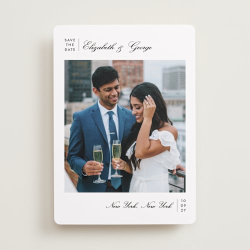 This is a ink save the date with standard by Megan Davis called atelier printing on recycled smooth signature in standard