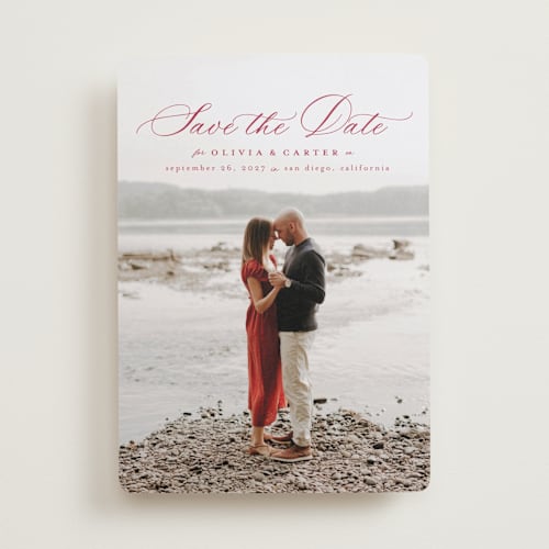 This is a wine save the date with standard by Ashlee Townsend called enchanted love printing on recycled smooth signature in standard
