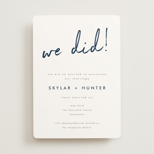 This is a navy wedding announcements with standard by Phrosné Barwood called funky names printing on signature in standard