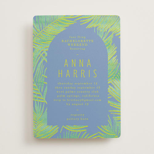 This is a palm bachelorette party invitations with standard by Baumbirdy called botanical beach printing on signature in standard