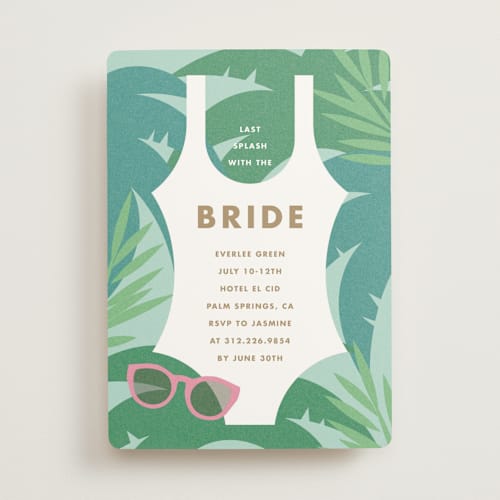 This is a california bachelorette party invitations with standard by Angela Garrick called bride swim wear printing on signature in standard