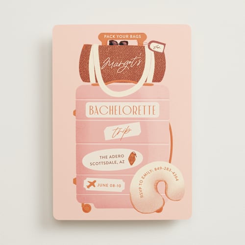 This is a blush bachelorette party invitations with standard by Gwen Bedat called boarding printing on signature in standard