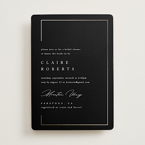 This is a midnight bridal shower invitations with foil pressed by Kelly Schmidt called gilded border printing on signature in standard