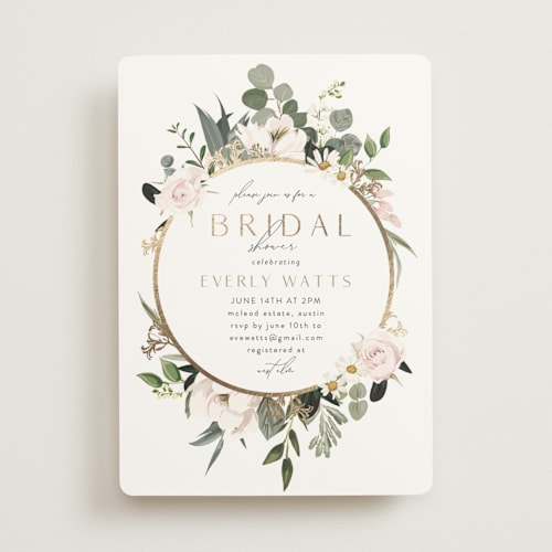 This is a petal bridal shower invitations with foil pressed by Susan Moyal called country garden printing on signature in standard