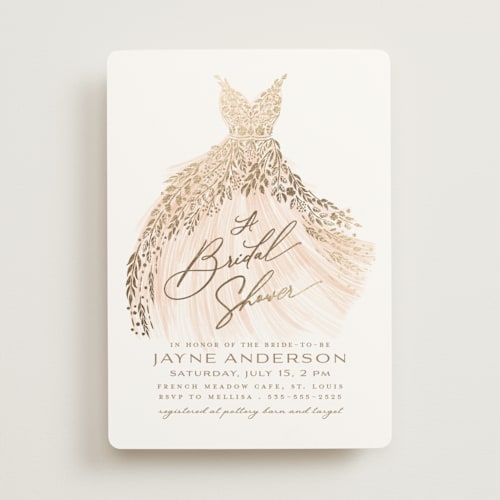 This is a coral bridal shower invitations with foil pressed by Paper Sun Studio called here comes the bride printing on signature in standard