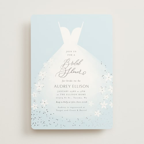 This is a cinderella blue bridal shower invitations with foil pressed by Itsy Belle Studio called wedding dress printing on signature in standard