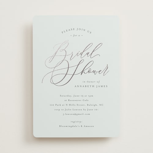 This is a powder bridal shower invitations with foil pressed by Melanie Kosuge called posh printing on signature in standard