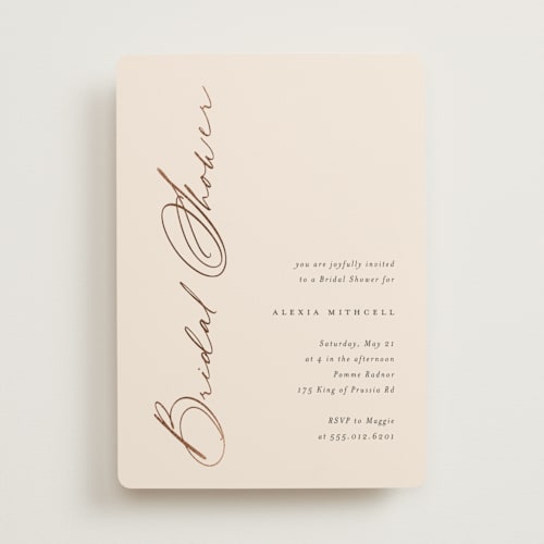 This is a buttercream bridal shower invitations with foil pressed by Carolyn MacLaren called elegant side printing on signature in standard