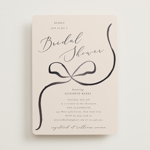 This is a tuxedo bridal shower invitations with foil pressed by Corinne Malesic called bow printing on signature in standard