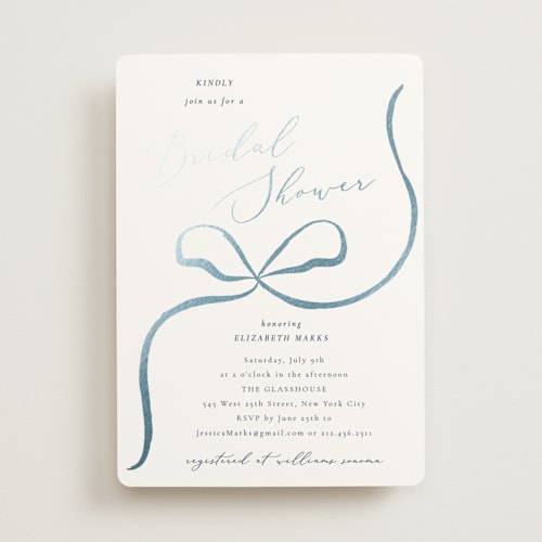 This is a dusty blue bridal shower invitations with foil pressed by Corinne Malesic called bow printing on signature in standard