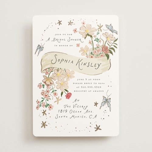 This is a sugar bridal shower invitations with foil pressed by Leah Bisch called flowers and ribbon printing on signature in standard