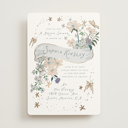 This is a frost bridal shower invitations with foil pressed by Leah Bisch called flowers and ribbon printing on signature in standard
