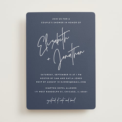 This is a navy bridal shower invitations with standard by JoAnn Jinks called marked printing on signature in standard