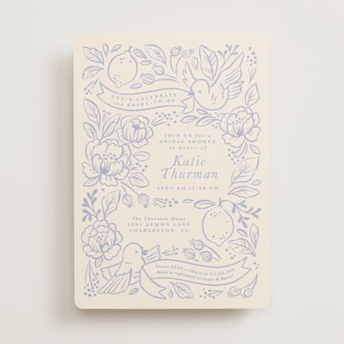 This is a porcelain bridal shower invitations with standard by Rebecca Smith called love birds printing on signature in standard