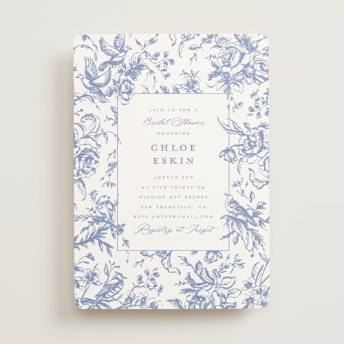 This is a blueberry bridal shower invitations with standard by Teju Reval called dreamy toile printing on signature in standard
