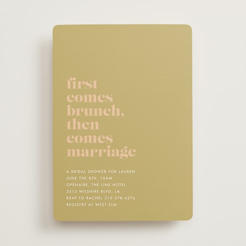This is a camel bridal shower invitations with standard by mo kelley called first comes brunch printing on signature in standard