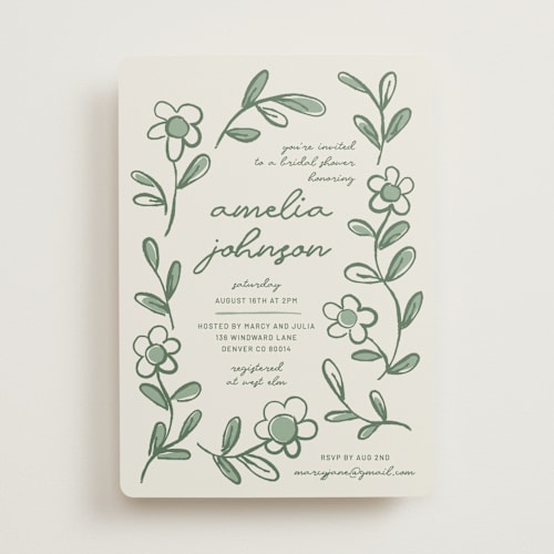 This is a sage bridal shower invitations with standard by Kelly Watkins called blooming printing on signature in standard