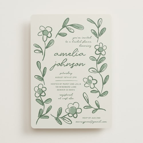 This is a sage bridal shower invitations with standard by Kelly Watkins called blooming printing on signature in standard