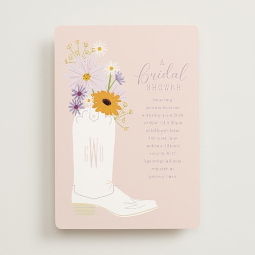 This is a peony bridal shower invitations with standard by Baumbirdy called bridal boots printing on signature in standard