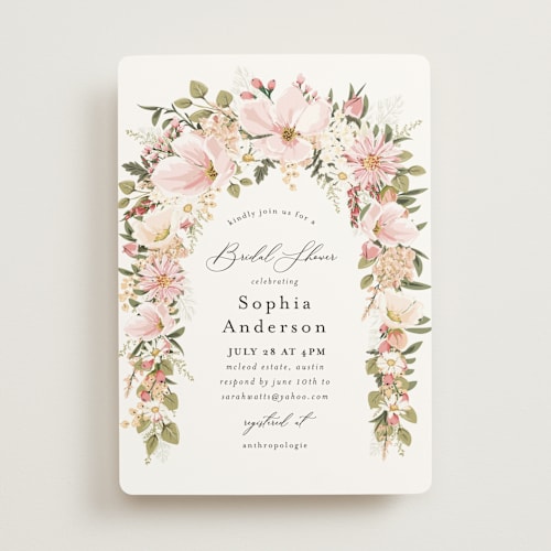 This is a blush bridal shower invitations with standard by Susan Moyal called floral arch printing on signature in standard