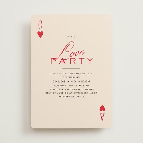 This is a crimson bridal shower invitations with standard by Creo Study called love party printing on signature in standard
