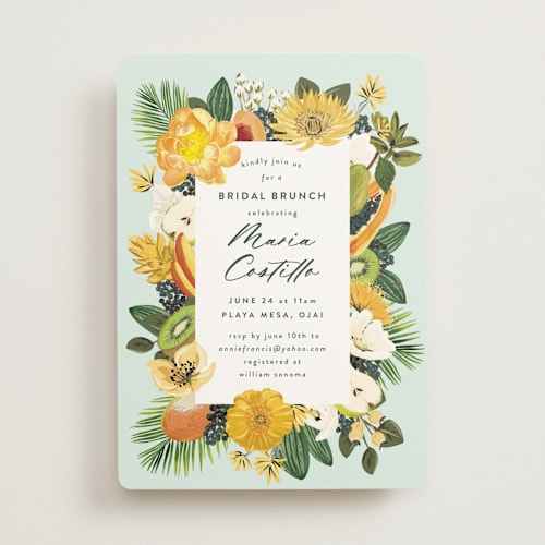 This is a mint bridal shower invitations with standard by Susan Moyal called tropical brunch printing on signature in standard