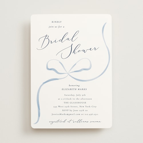 This is a dusty blue bridal shower invitations with standard by Corinne Malesic called bow printing on signature in standard