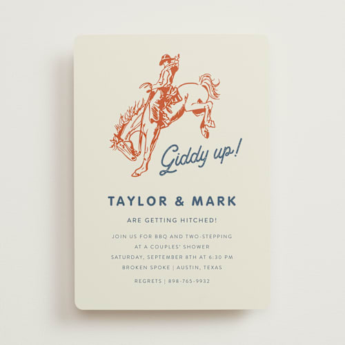 This is a cobalt bridal shower invitations with standard by Erin Hodges called giddy up printing on signature in standard