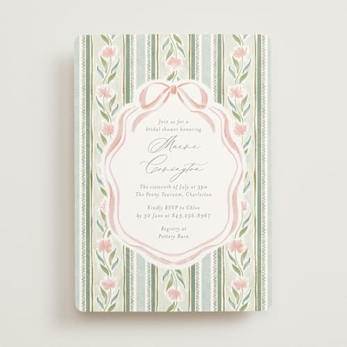 This is a moss bridal shower invitations with standard by Jackie Crawford called wildflower ribbon printing on signature in standard
