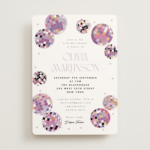 This is a bubblegum bridal shower invitations with standard by Corinne Malesic called disco fever printing on signature in standard