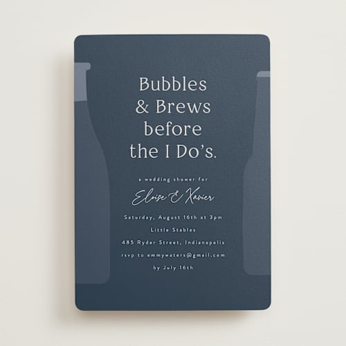 This is a midnight bridal shower invitations with standard by Corinne Malesic called bubbles and brews printing on signature in standard