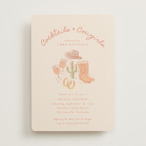 This is a sand bridal shower invitations with standard by frau brandt called cocktails & cowgirls printing on signature in standard