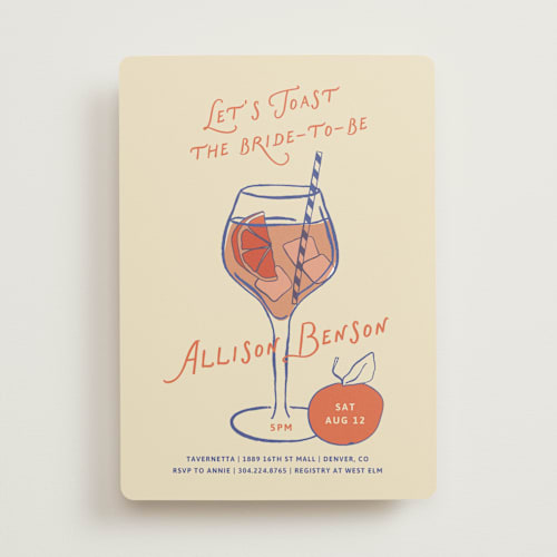 This is a persimmon bridal shower invitations with standard by Kelly Watkins called a bridal spritz printing on signature in standard