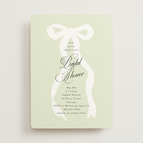 This is a mint bridal shower invitations with standard by Baumbirdy called big bow printing on signature in standard