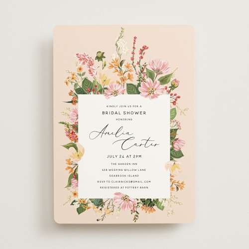 This is a peach bridal shower invitations with standard by Susan Moyal called bridal blooms printing on signature in standard