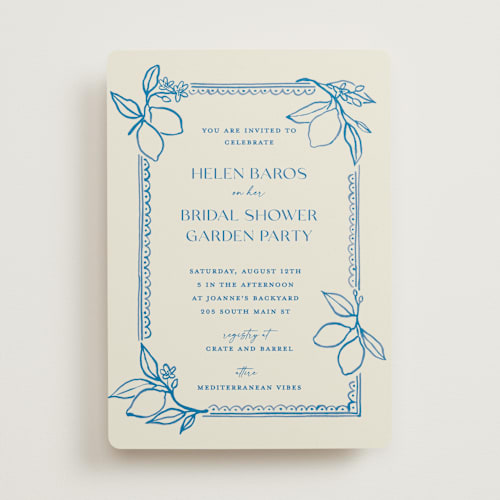This is a cobalt bridal shower invitations with standard by Pati Cascino called mediterraneo printing on signature in standard