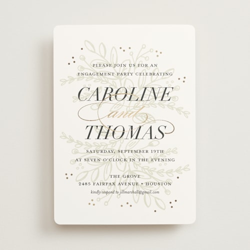 This is a gold engagement party invitations with foil pressed by Jessica Williams called soft bouquet printing on signature in standard
