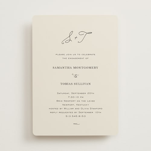 This is a ivory engagement party invitations with standard by Kim Dietrich Elam called estate printing on signature in standard