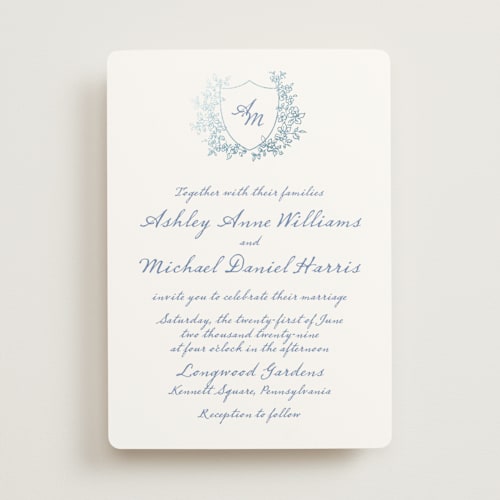 This is a powder mist foil stamped wedding invitations with foil pressed by Cass Loh called boho flower crest printing on signature in standard