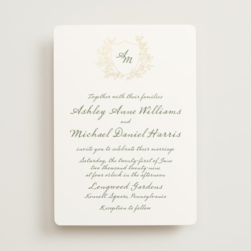 This is a meadow foil stamped wedding invitations with foil pressed by Cass Loh called boho flower crest printing on signature in standard