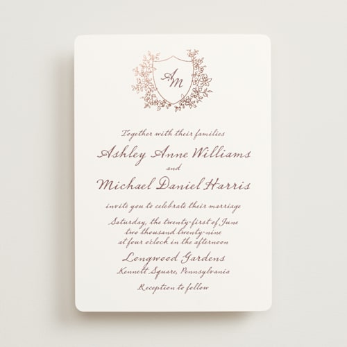 This is a muted petal foil stamped wedding invitations with foil pressed by Cass Loh called boho flower crest printing on signature in standard