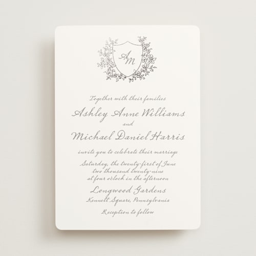 This is a moonlit onyx foil stamped wedding invitations with foil pressed by Cass Loh called boho flower crest printing on signature in standard