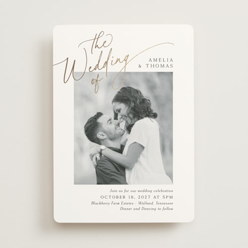 This is a marshmallow foil stamped wedding invitations with foil pressed by Kaydi Bishop called the wedding printing on signature in standard