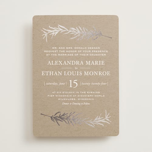 This is a kraft foil stamped wedding invitations with foil pressed by Erin Deegan called simple sprigs printing on signature in standard