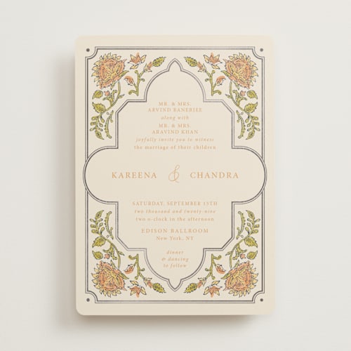 This is a ochre foil stamped wedding invitations with foil pressed by Hannah Bowman called marigold printing on signature in standard