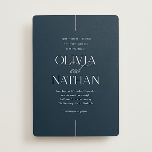 This is a midnight foil stamped wedding invitations with foil pressed by Jessica Williams called aligned printing on signature in standard