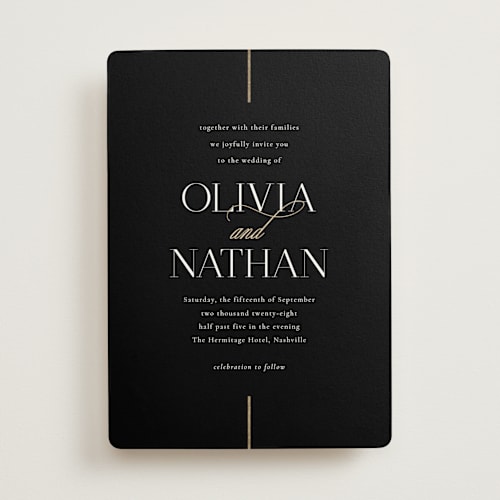 This is a black tie foil stamped wedding invitations with foil pressed by Jessica Williams called aligned printing on signature in standard