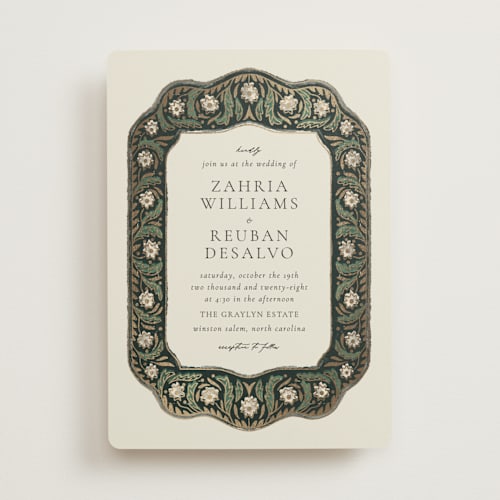 This is a emerald foil stamped wedding invitations with foil pressed by Jen Owens called frame printing on signature in standard