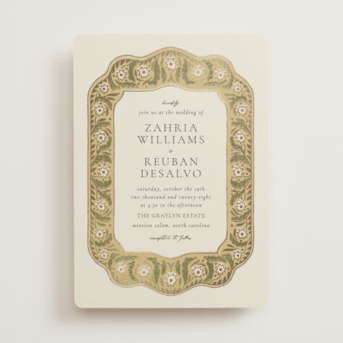 This is a daisy foil stamped wedding invitations with foil pressed by Jen Owens called frame printing on signature in standard