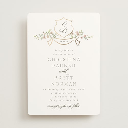 This is a blush foil stamped wedding invitations with foil pressed by Everett Paper Goods called posy printing on signature in standard